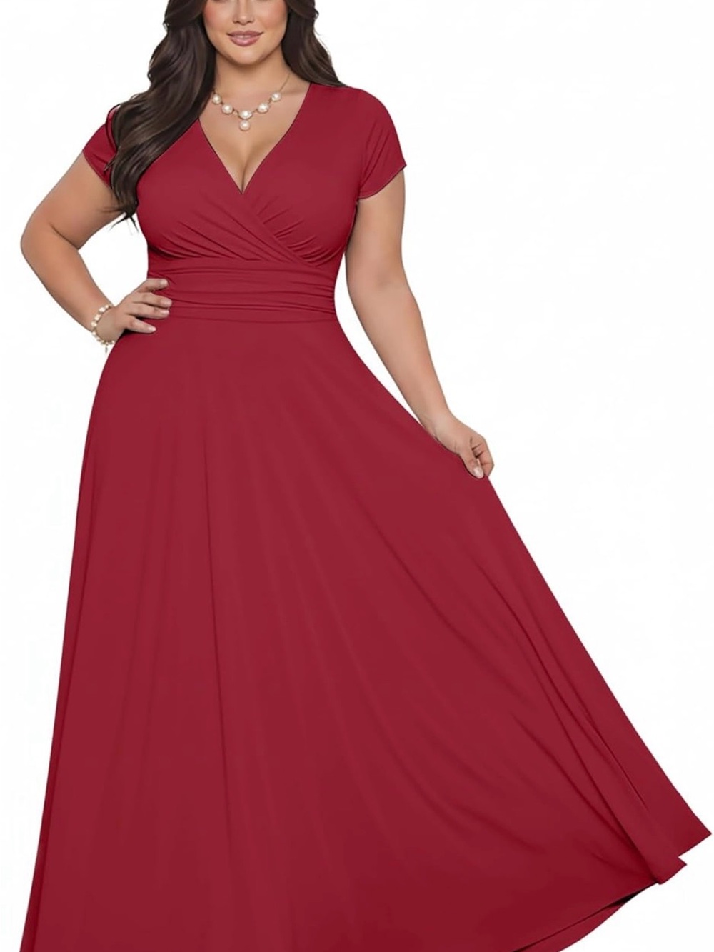 Elegant Plus-Size V-Neck Maxi Dress with Twist Waist in Burgundy
